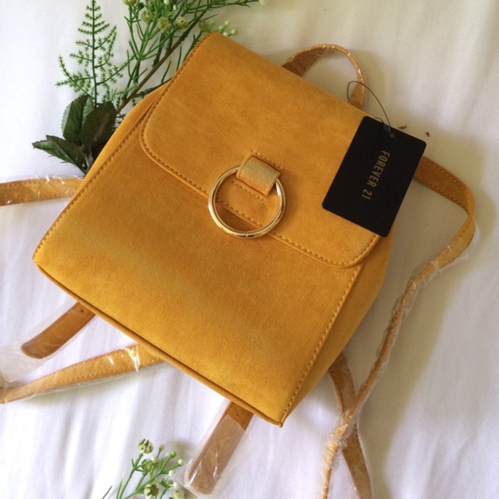 Forever 21 Mustard Yellow Mini Backpack with Gold Ring Accent